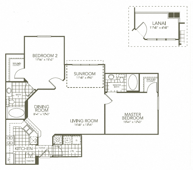 Floor plan for 2 beds, 2 baths, 1205 sqft